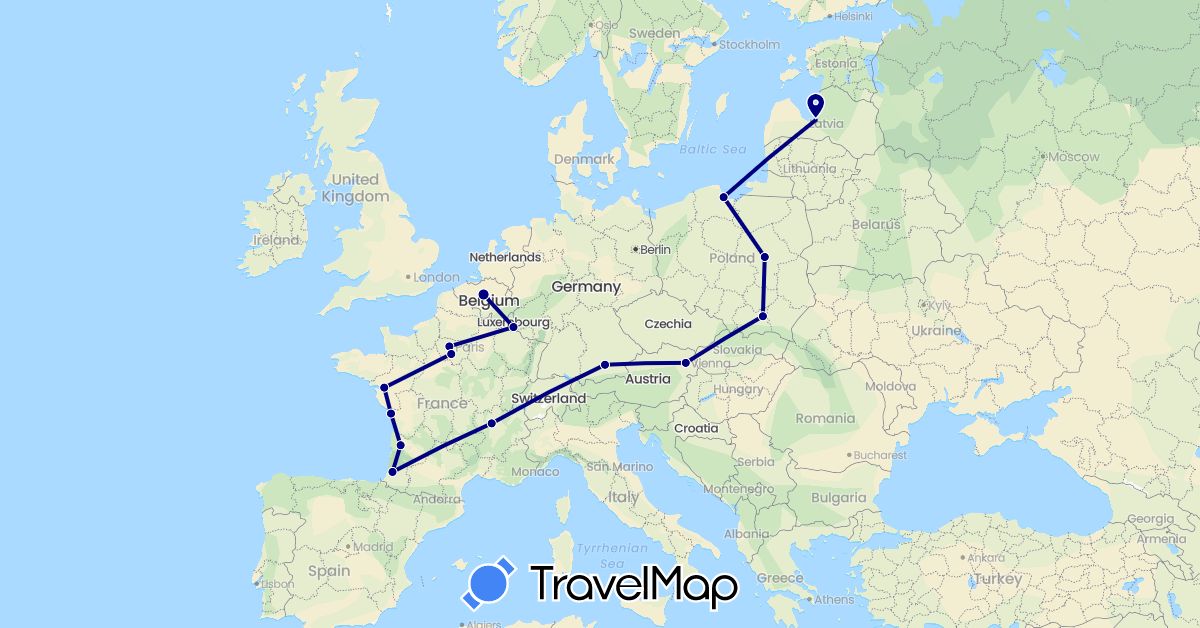 TravelMap itinerary: driving in Austria, Belgium, Germany, France, Luxembourg, Latvia, Poland (Europe)